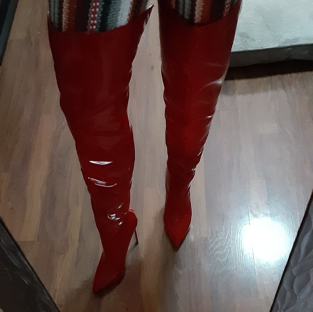 Thigh high red boots